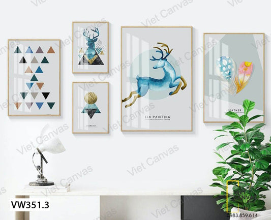 Bộ 5 Tranh Hươu, Lông Vũ Và Hình Khối - VW351.3