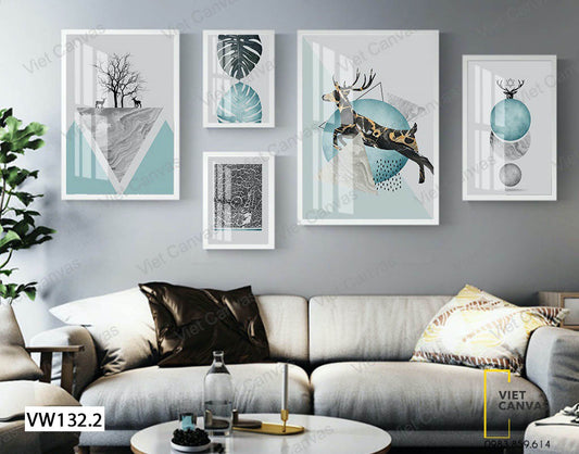 Bộ 5 Tranh Hươu Và Lá Màu Sắc - VW132.2