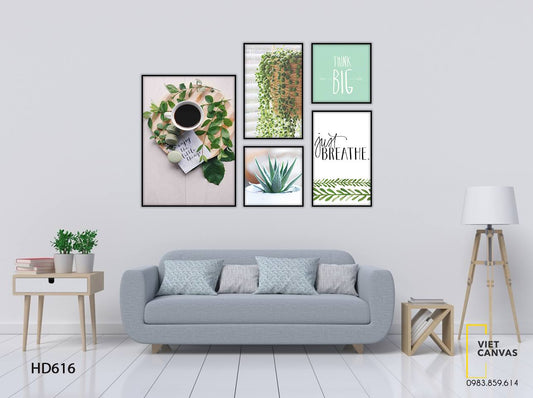 Bộ 5 Tranh Tách Cà Phê, Chậu Xương Rồng Và Nhành Lá Xanh - HD616