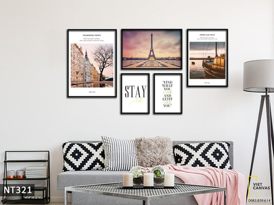 Bộ 5 Tranh Tháp Eiffel, Khu Phố, Chiếc Thuyền Và Quotes - NT321