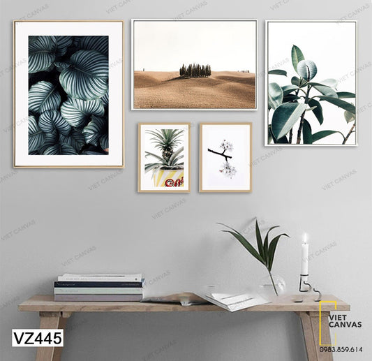 Bộ 5 Tranh Lá Cây, Sa Mạc Và Nhành Hoa Trắng Xinh - VZ445