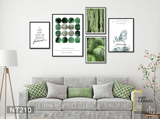 Bộ 5 Tranh Lá Cây Xanh, Xương Rồng Và Quotes - NT210