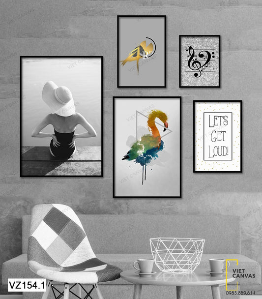 Bộ 5 Tranh Cô Gái, Hồng Hạc, Nốt Nhạc Và Quotes - VZ154.1