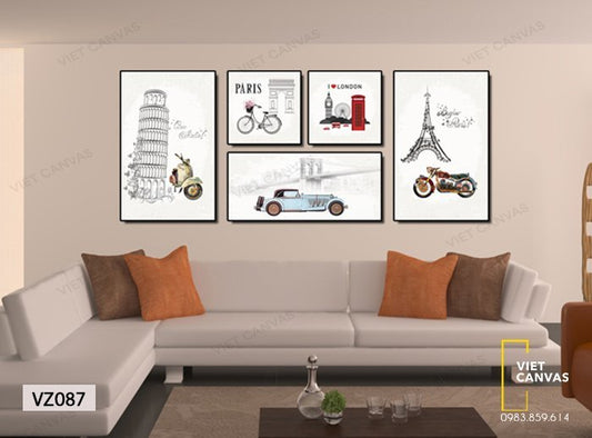 Bộ 5 Tranh Kỳ Quan Thế Giới Và Những Chiếc Xe - VZ087
