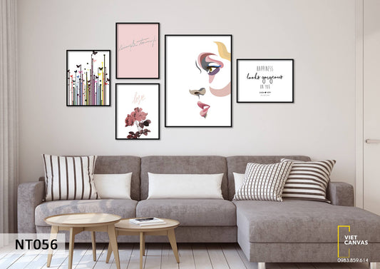 Bộ 5 Tranh Hoa Lá, Mặt Cô Gái Và Quotes - NT056