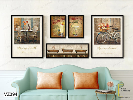 Bộ 5 Tranh Bàn Ghế, Giỏ Xe Hoa Và Ly Nước - VZ394