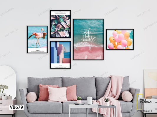 Bộ 5 Tranh Góc Cầu Thang, Hồng Hạc, Lá Cây, Biển Cả Và Bong Bóng - VB679