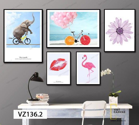 Bộ 5 Tranh Voi, Xe Đạp, Hoa, Đôi Môi Và Hồng Hạc - VZ136.2