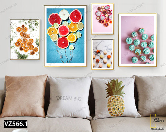 Bộ 5 Tranh Màu Sắc Rực Rỡ Của Trái Cây Và Bánh - VZ566.1