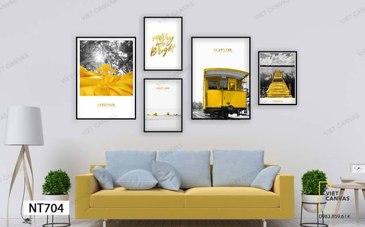 Bộ 5 Tranh Xe Lửa, Chiếc Cầu, Rừng Cây Và Quotes - NT704