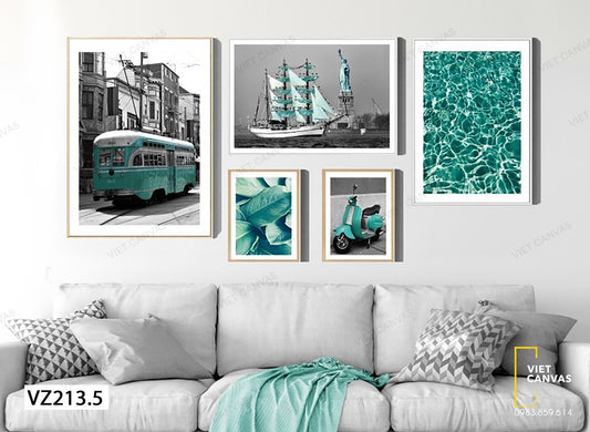 Bộ 5 Tranh Xe Buýt, Xe Máy, Lá Xanh, Bãi Biển Và Chiếc Thuyền Bên Tượng Nữ Thần Tự Do - VZ213.5