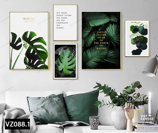Bộ 5 Tranh Màu Xanh Đơn Giản Của Lá Cây Và Quotes - VZ088.1