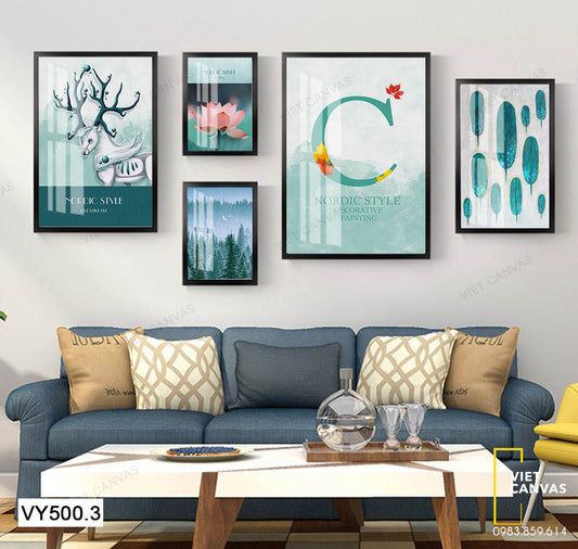 Bộ 5 Tranh Nai, Hoa Sen Và Cây Cối - VY500.3
