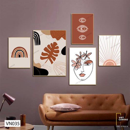 Bộ 5 Tranh Nét Vẽ, Lá Và Mặt Trời - VN035