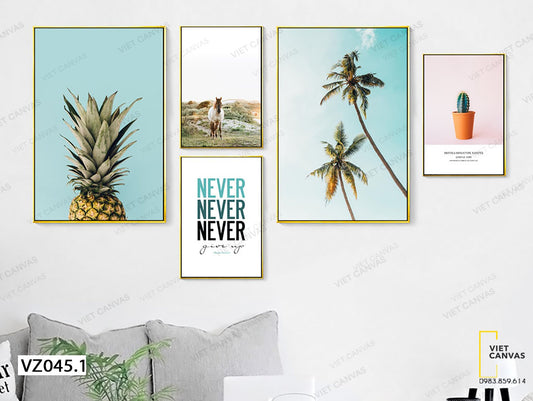 Bộ 5 Tranh Xương Rồng, Cây Dừa, Quả Dứa, Ngựa Và Quotes - VZ045.1