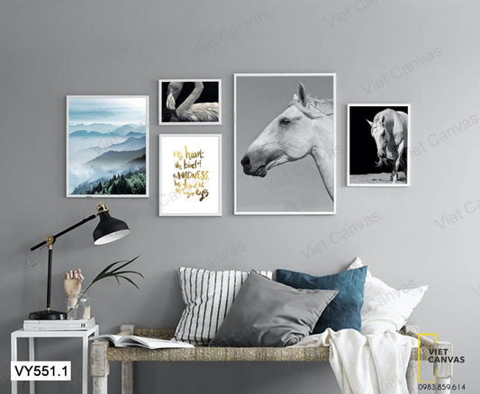 Bộ 5 Tranh Khu Rừng, Quotes, Ngựa Và Hồng Hạc - VY551.1