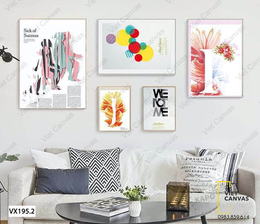 Bộ 5 Tranh Người, Hình Khối, Hoa Và Chữ - VX195.2