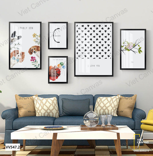 Bộ 5 Tranh Những Chú Chó , Trái Tim Và Chim Cú Mèo - VV547.2