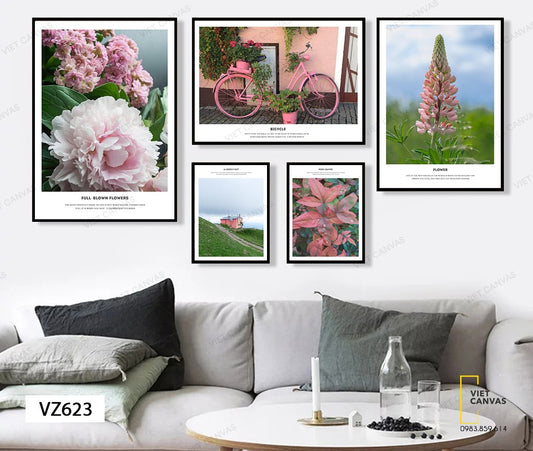 Bộ 5 Tranh Hoa Lá, Căn Nhà Và Chiếc Xe Đạp - VZ623