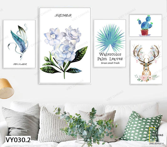 Bộ 5 Tranh Lông Vũ, Hươu, Cành Hoa, Lá Cây Và Chậu Xương Rồng - VY030.2