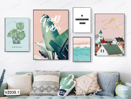 Bộ 5 Tranh Mái Ngói, Bãi Biển, Lá Cây Và Quotes - VZ035.1