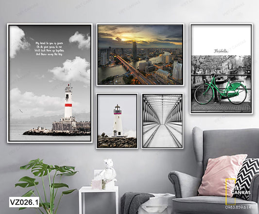 Bộ 5 Tranh Thành Phố Hiện Đại, Chiếc Xe Đạp, Con Đường Trắng Và Ngọn Hải Đăng - VZ026.1