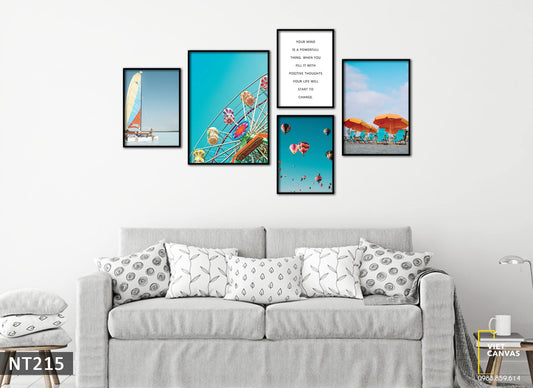 Bộ 5 Tranh Cánh Buồm, Vòng Quay, Khinh Khí Cầu, Những Chiếc Ô Và Quotes - NT215