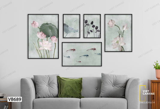 Bộ 5 Tranh Hồ Sen Và Cá Tung Tăng - VB689
