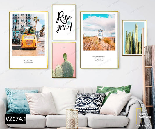 Bộ 5 Tranh Xe, Xương Rồng, Quotes Và Đồng Cỏ - VZ074.1