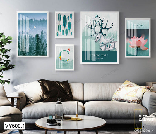Bộ 5 Tranh Rừng Cây, Nai Và Hoa Sen - VY500.1
