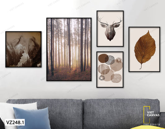 Bộ 5 Tranh Rừng, Hươu Và Lá Cây - VZ248.1