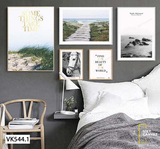 Bộ 5 Tranh Bãi Cỏ, Bờ Biển, Chú Ngựa Và Quotes Somethings Take Time - VK544.1