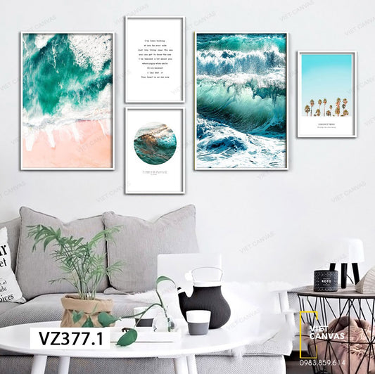 Bộ 5 Tranh Sóng Biển Xanh, Cây Dừa Và Quotes - VZ377.1