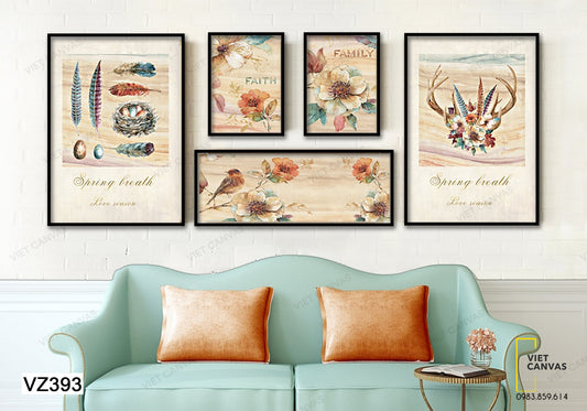 Bộ 5 Tranh Hoa Lá, Sừng Hươu Và Lông Vũ - VZ393