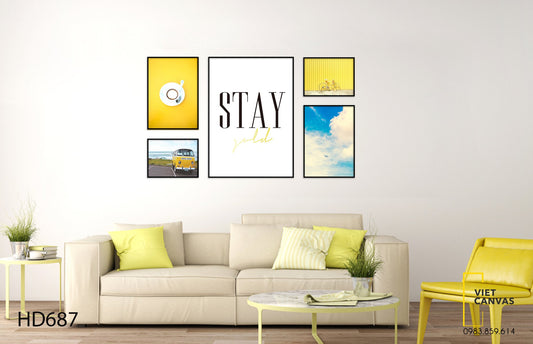 Bộ 5 Tranh Tách Cà Phê, Những Chiếc Xe, Bầu Trời Và Quotes Stay Gold - HD687