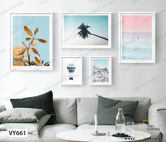 Bộ 5 Tranh Biển, Khu Phố, Lá Vàng, Cây Dừa Và Quotes - VY661