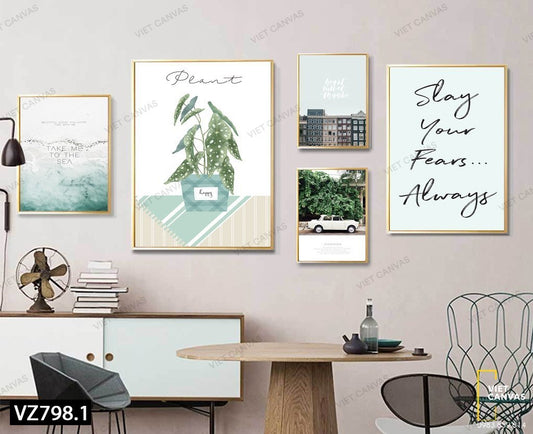 Bộ 5 Tranh Hoa Lá, Ô Tô, Biển Cả, Khu Nhà Và Quotes - VZ798.1