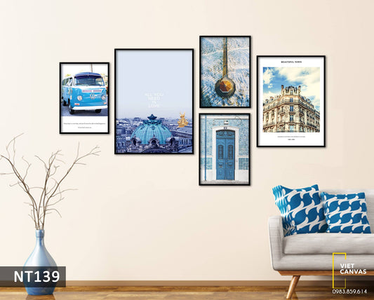 Bộ 5 Tranh Chiếc Xe, Khung Cửa Sổ Và Thành Phố Sắc Xanh - NT139