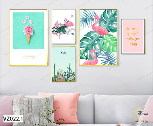 Bộ 5 Tranh Ly Kem Hoa, Vườn Hoa Xương Rồng, Quotes, Hồng Hạc Và Lá Cây - VZ022.1