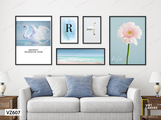 Bộ 5 Tranh Thiên Nga Trắng, Hoa, Biển Cả Và Quotes - VZ607