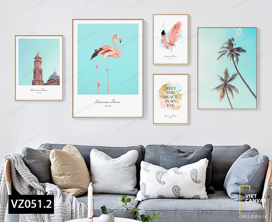 Bộ 5 Tranh Hồng Hạc, Lông Vũ, Cây Dừa Và Quotes - VZ051.2