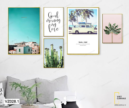 Bộ 5 Tranh Khu Phố, Xương Rồng, Xe Lam, Lá Cây Và Quotes - VZ028.1