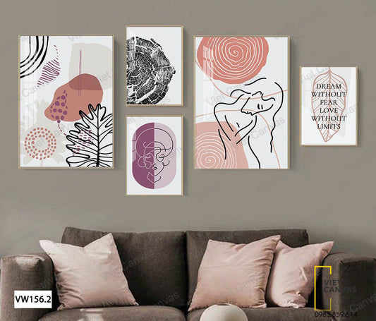 Bộ 5 Tranh Cô Gái, Vân Gỗ Và Lá Cây - VW156.2