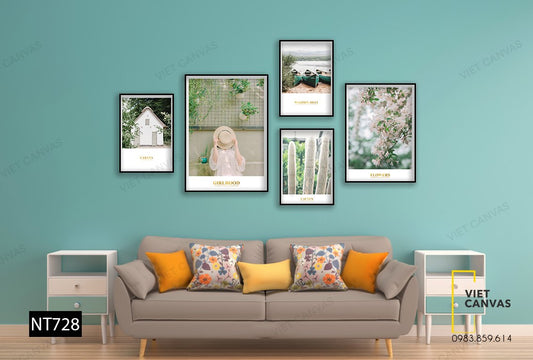 Bộ 5 Tranh Ngôi Nhà, Cô Gái, Hoa Lá Và Chiếc Thuyền - NT728