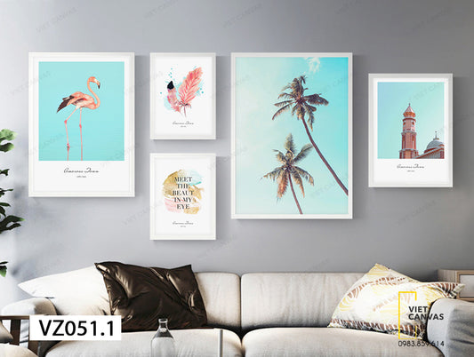 Bộ 5 Tranh Hồng Hạc, Lông Vũ, Cây Dừa, Ngọn Hải Đăng Và Quotes - VZ051.1