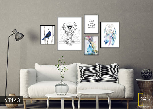 Bộ 5 Tranh Hươu, Chim, Dream Catcher, Trừu Tượng Và Quotes - NT143