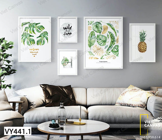 Bộ 5 Tranh Lá Xanh, Trái Dứa Và Quotes - VY441.1