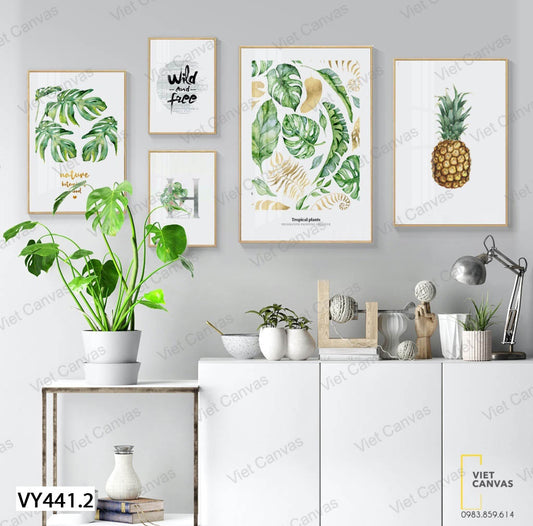 Bộ 5 Tranh Lá Xanh, Trái Dứa Và Quotes - VY441.2