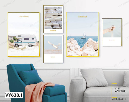 Bộ 5 Tranh Chú Chim, Những Quyển Sách, Xe Và Cảnh Biển - VY638.1