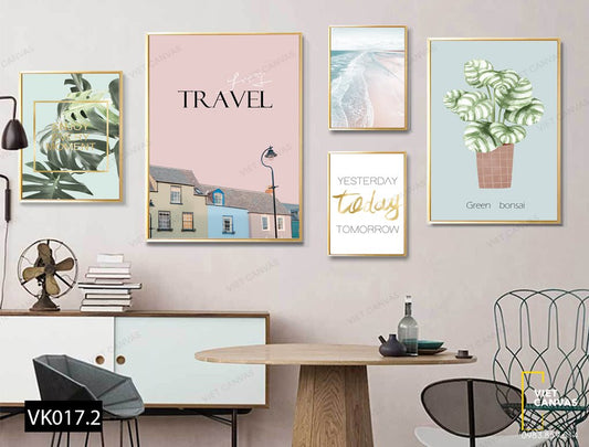 Bộ 5 Tranh Lá Cây Xanh, Khu Phố, Bãi Biển Và Quotes - VK017.2